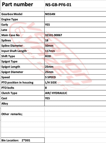 GEARBOX - 5 SPEED - MANUAL - NISSAN - PF6 - NS-GB-PF6-01