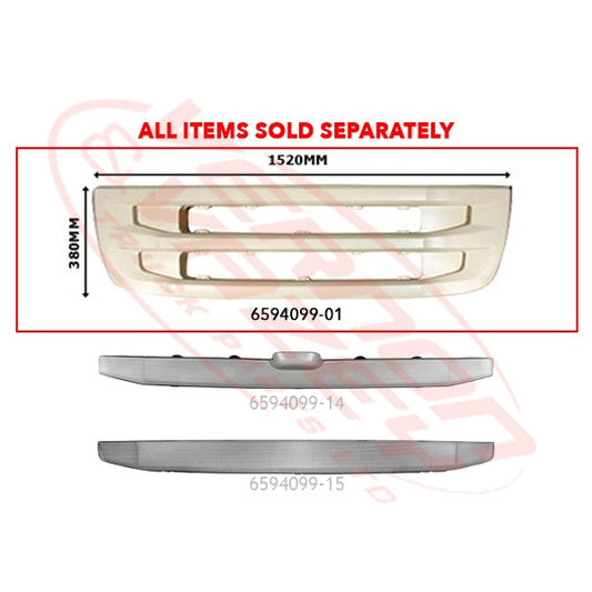6594099-01 - GRILLE PANEL - LOWER (FITS BETWEEN HEADLAMPS) - 1520x380mm - CHASSIS 1020mm - SCANIA R / G TRUCK - 2009- LOW BUMPER