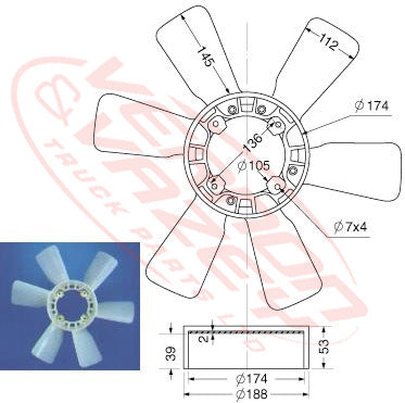 FAN BLADE - 6 BLADE - 480mm - HINO H07D - HN-FAN-H07D