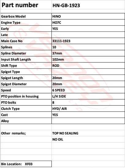 GEARBOX - H07C - 6 SPEED - CAST CASE - HINO 33111-1923 - HN-GB-1923