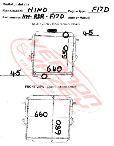RADIATOR - SERVICED - HINO - HN-RDR-F17D