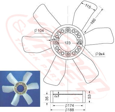 IS-FAN-6HH1 - ISUZU ENGINE PARTS - FAN BLADE - 6 BLADE - 520mm TO SUIT ISUZU 6HH1