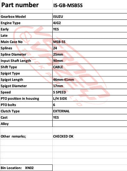 GEARBOX - MSB-5S - 5 SPEED - ISUZU - 4JG2 - IS-GB-MSB5S