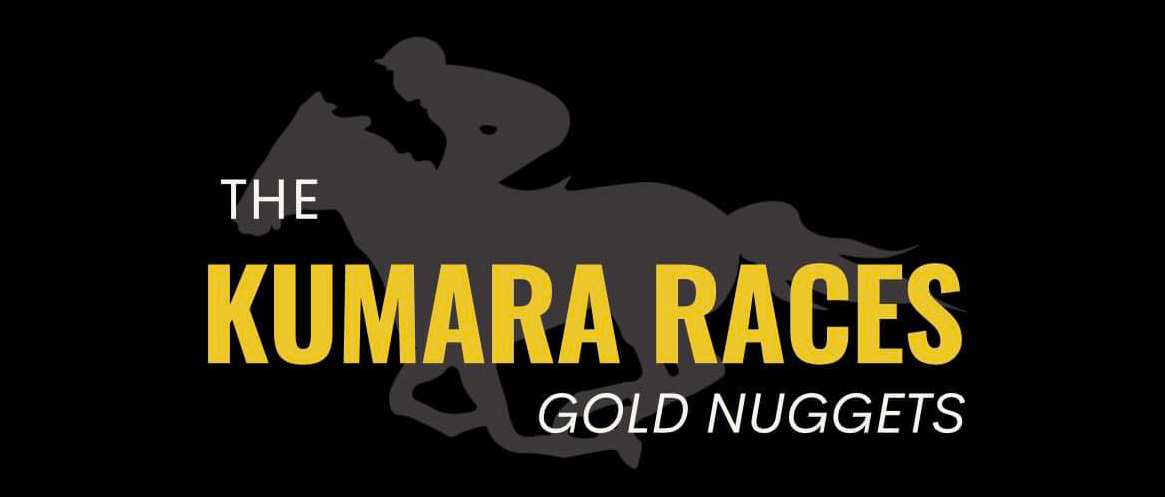 Silhouette of a horse and rider with 'The Kumara Races Gold Nuggets' text on a black background