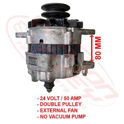MS-ALT-6D16-02S - MITSUBISHI ENGINE PARTS - ALTERNATOR - 24V - 50 AMP - EXT FAN - DOUBLE PULLEY TO SUIT MITSUBISHI 6D16/6D40