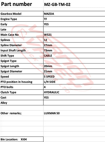 GEARBOX - TM/TF - ALLOY BELL HOUSING - MAZDA - SL - 4 BOLT - 5 SPEED - MZ-GB-TM-02