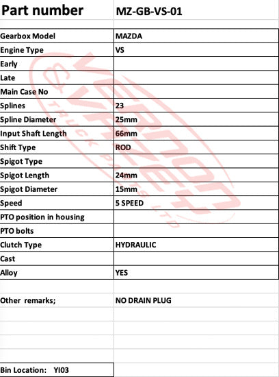 GEARBOX - ALLOY BODY - ALLOY BELL HOUSING - MAZDA - VS - MZ-GB-VS-01
