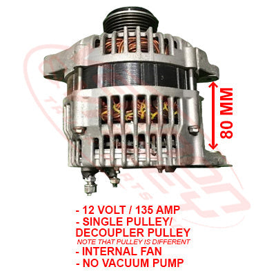 NS-ALT-ZD30-01S - NISSAN ENGINE PARTS -  ALTERNATOR - 12V - 135 AMP - INT FAN - MULTIBELT TO SUIT NISSAN ATLAS - ZD30