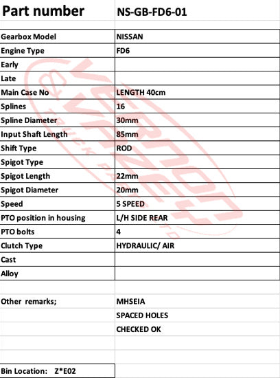 GEARBOX - 5 SPEED - MANUAL - NISSAN - FE6 - NS-GB-FD6-01