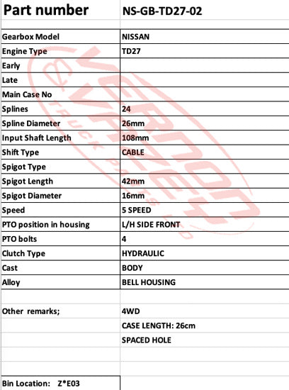 GEARBOX - 5 SPEED - 4WD - MANUAL - NISSAN - TD27 - NS-GB-TD27-02